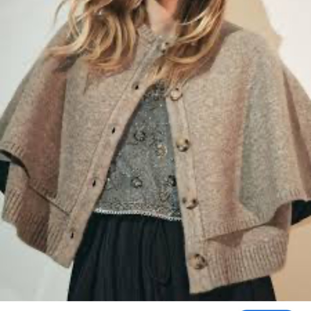 ZARA TAUPE KNIT LAYERED CAPE SWEATER PONCHO CARDIGAN COZY FALL NEUTRAL CHIC SM - Picture 3 of 8